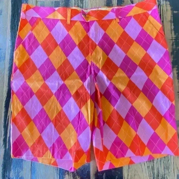 Loudmouth Mens Golf Shorts Argyle Diamond Pink Orange Chino NWOT Size 40 - Picture 1 of 4